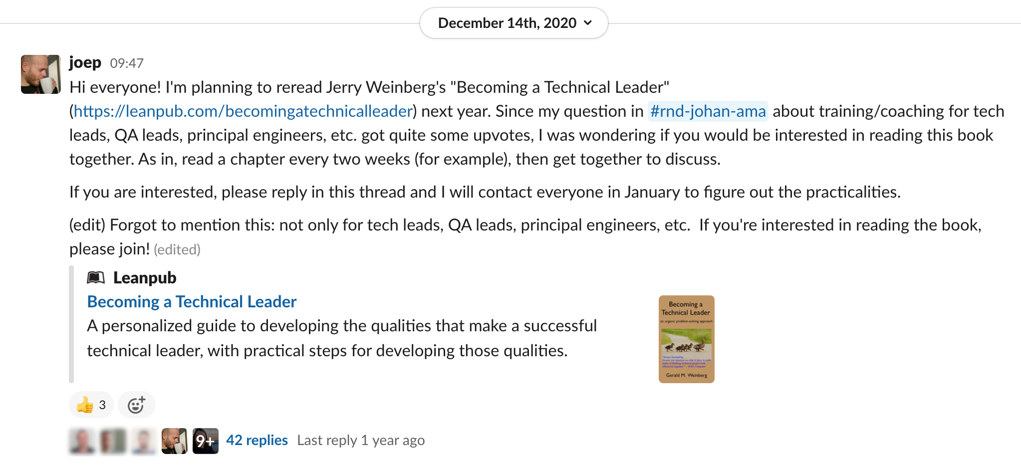 Slack message announcing the start of the book club